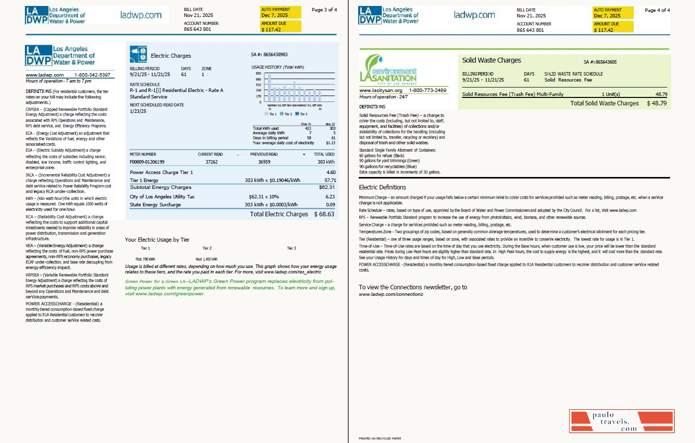USA LA DWP utility bill template in Word and PDF formats, 4 pages, version 2, 3 4 pages